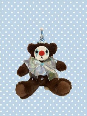 Brown Plush Clown Bear with Blue Hat and Iridescent Bow